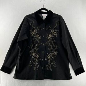 Victor Costa Occasion Top Womens Size L Embroidered Snap Front Long Sleeve Black